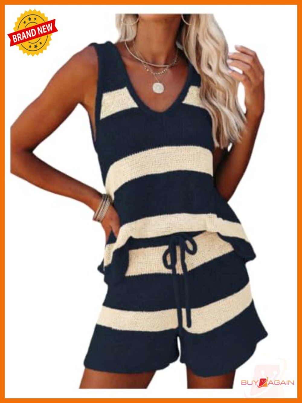 Women's Striped Knit 2 Piece Shorts Set V-Neck Sleeveless Summer